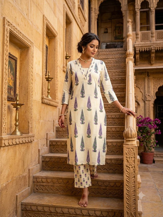 Pure Jaipuri Discharge Print Kurti & Pant Set