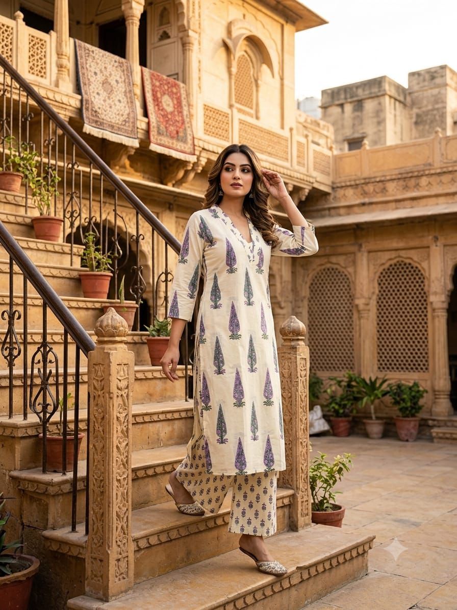 Pure Jaipuri Discharge Print Kurti & Pant Set