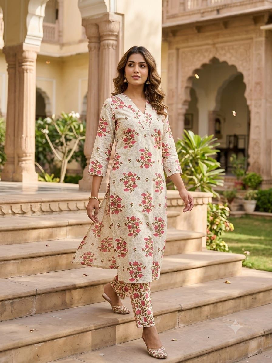 Pure Jaipuri Discharge Print Kurti & Pant Set