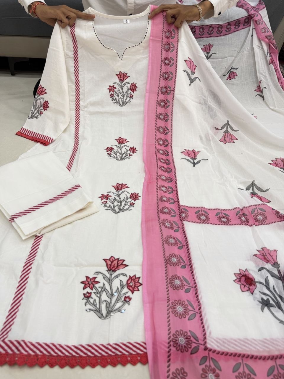 Premium Jaipuri Taj Cotton Hand Block Print Ghera Kurta Set (4-Piece)