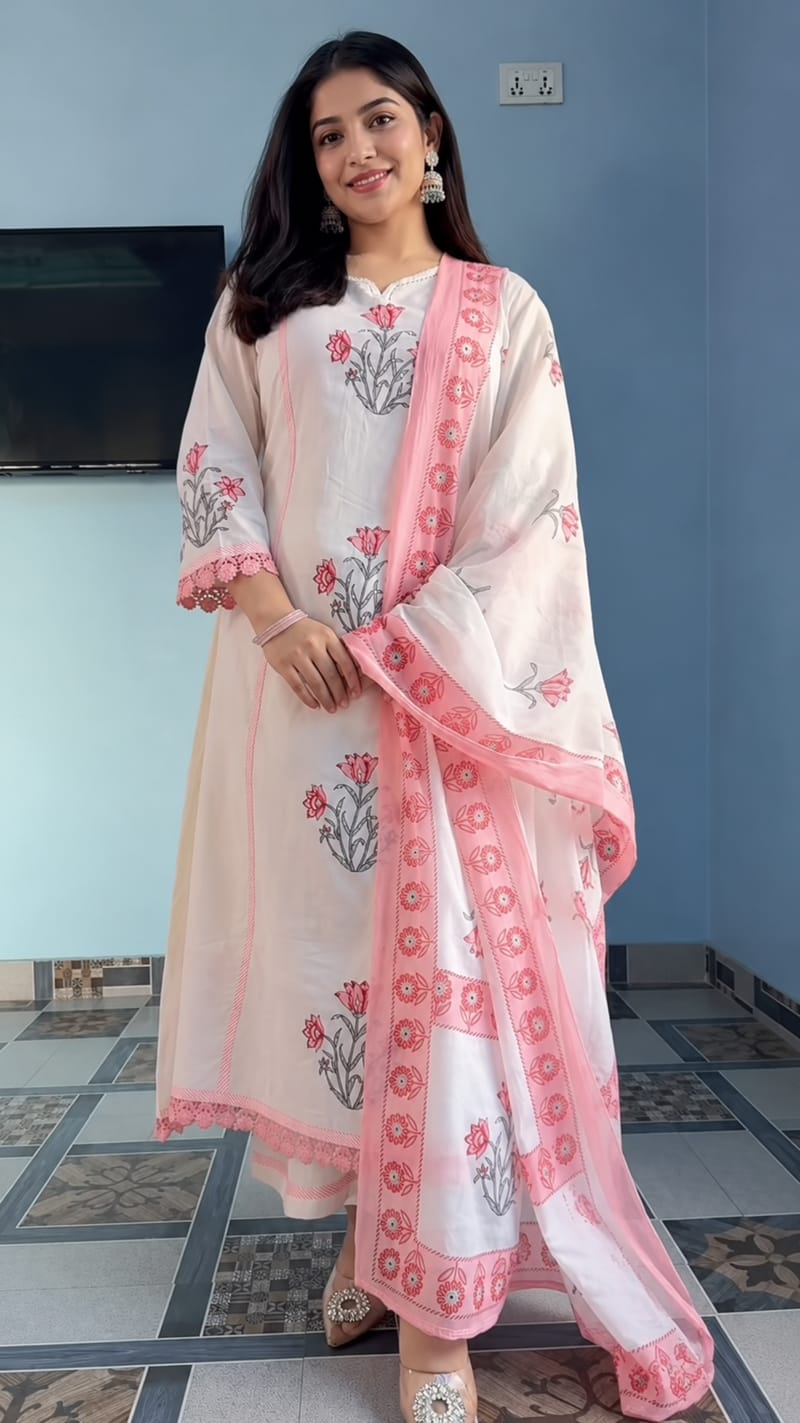 Premium Jaipuri Taj Cotton Hand Block Print Ghera Kurta Set (4-Piece)
