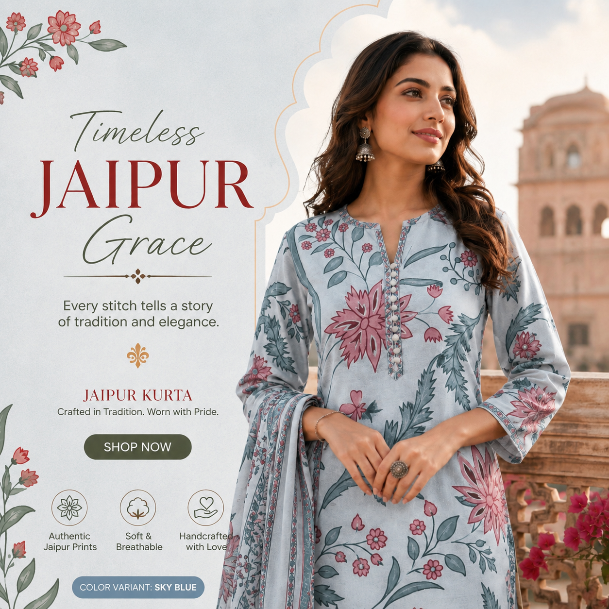 Jaipur Floral Printed Cotton Kurta for Women