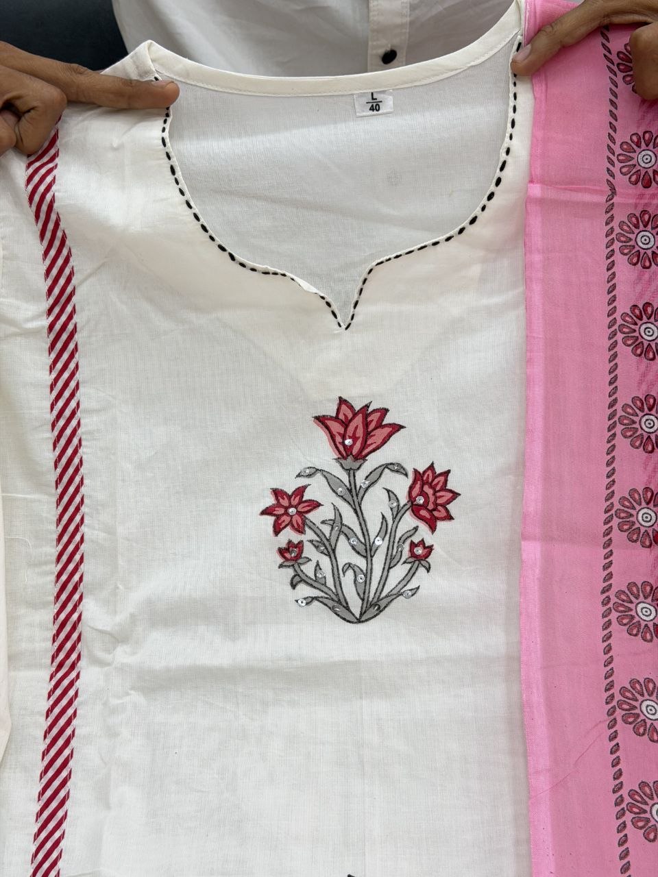 Premium Jaipuri Taj Cotton Hand Block Print Ghera Kurta Set (4-Piece)