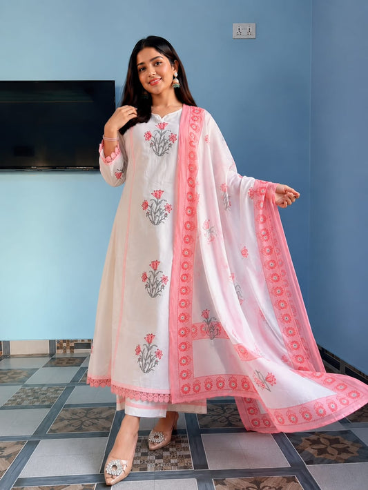 Premium Jaipuri Taj Cotton Hand Block Print Ghera Kurta Set (4-Piece)