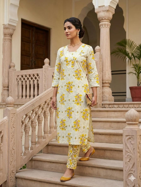 Pure Jaipuri Discharge Print Kurti & Pant Set