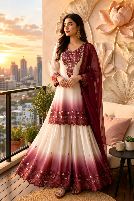 Party Wear Georgette Top, Palazzo & Dupatta Set