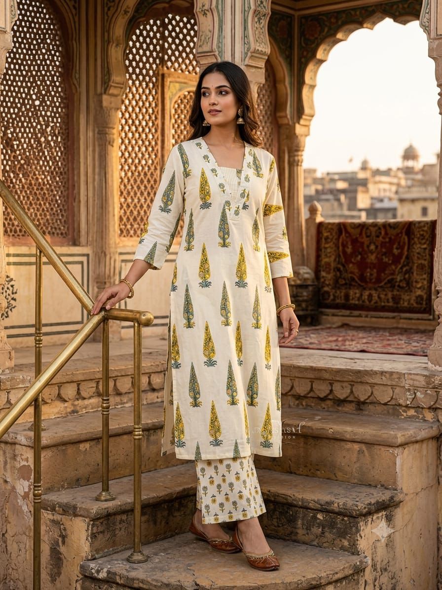Pure Jaipuri Discharge Print Kurti & Pant Set