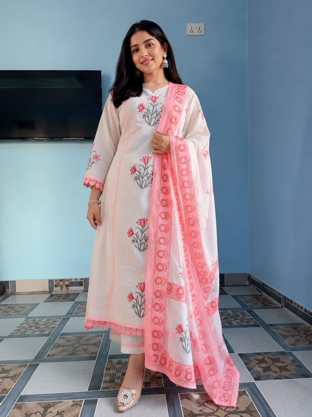 Premium Jaipuri Taj Cotton Hand Block Print Ghera Kurta Set (4-Piece)
