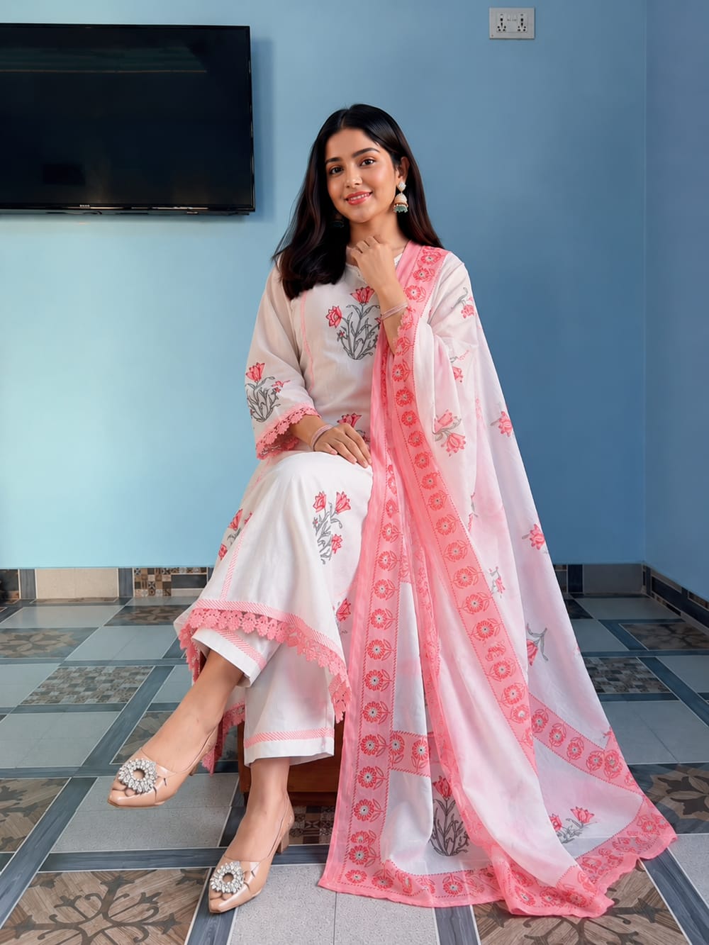 Premium Jaipuri Taj Cotton Hand Block Print Ghera Kurta Set (4-Piece)