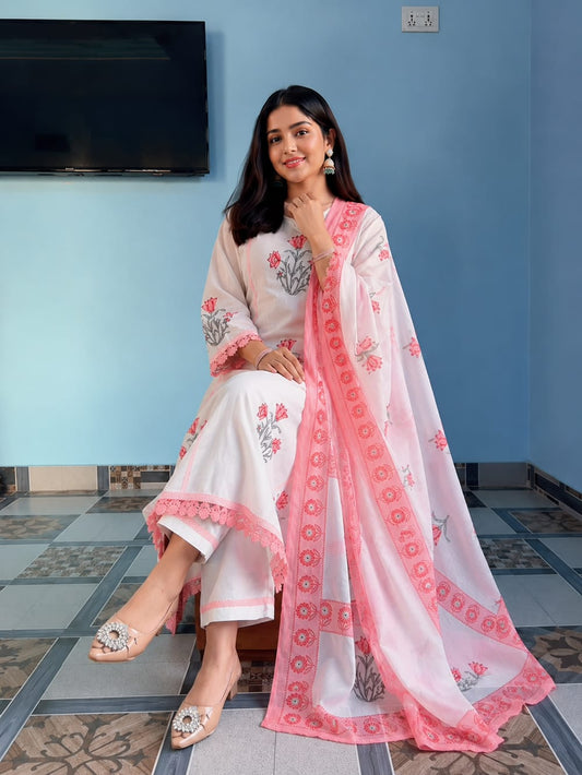 Premium Jaipuri Taj Cotton Hand Block Print Ghera Kurta Set (4-Piece)