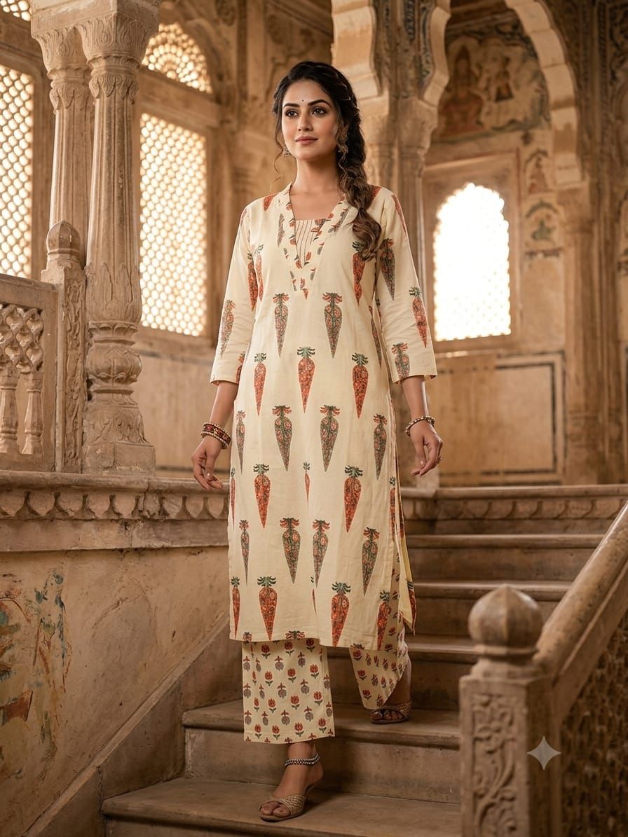Pure Jaipuri Discharge Print Kurti & Pant Set