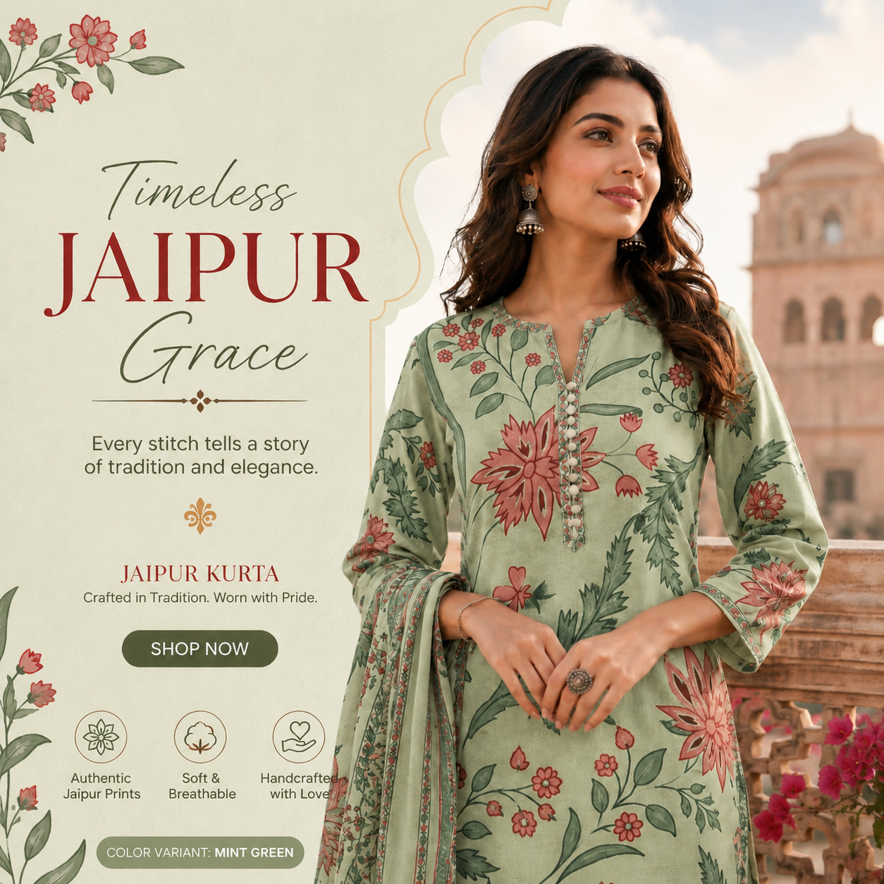 Jaipur Floral Printed Cotton Kurta for Women