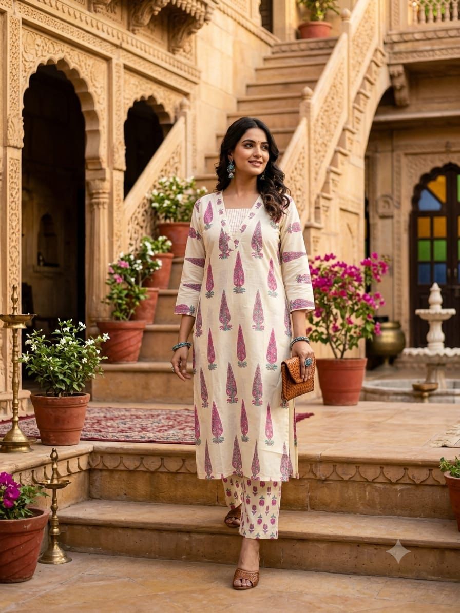 Pure Jaipuri Discharge Print Kurti & Pant Set
