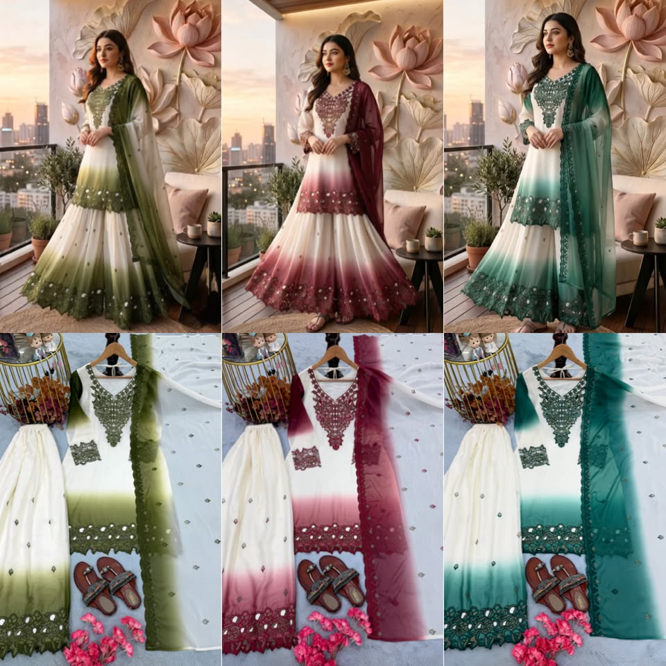 Party Wear Georgette Top, Palazzo & Dupatta Set