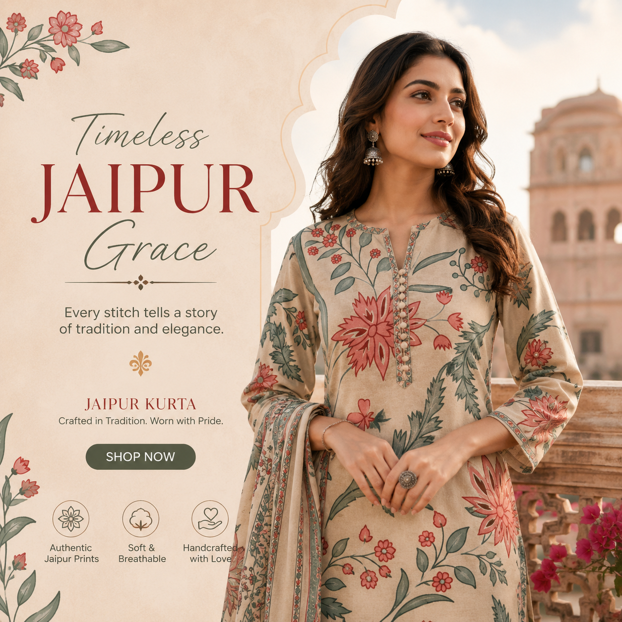 Jaipur Floral Printed Cotton Kurta for Women